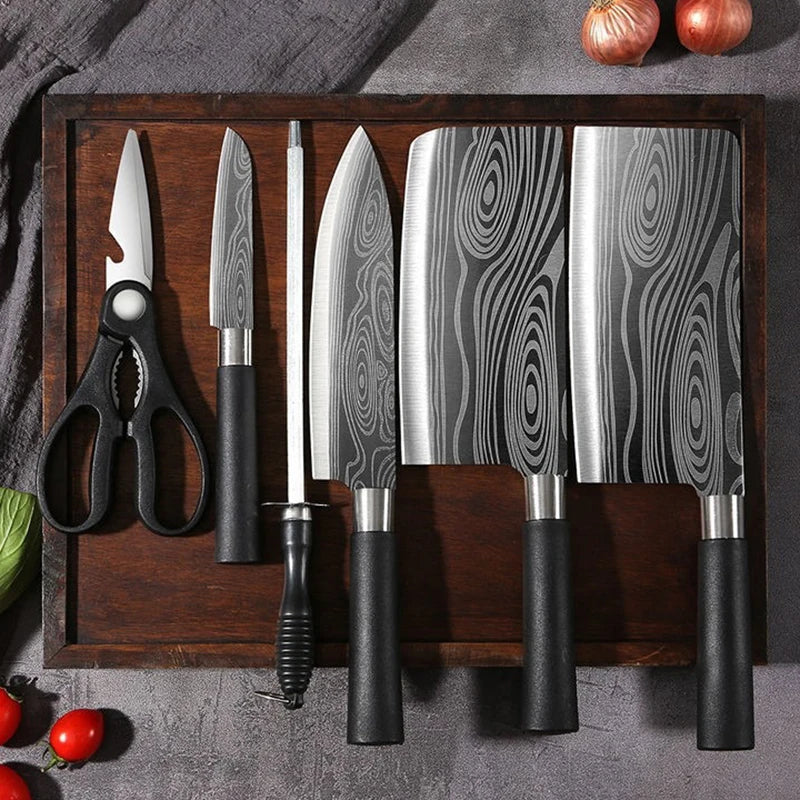 Conjunto de facas de cozinha utilitárias com padrão de damasco a laser, conjunto de hastes de afiação de tesouras, faca de chef afiada de aço inoxidável, ferramenta de cozinha.