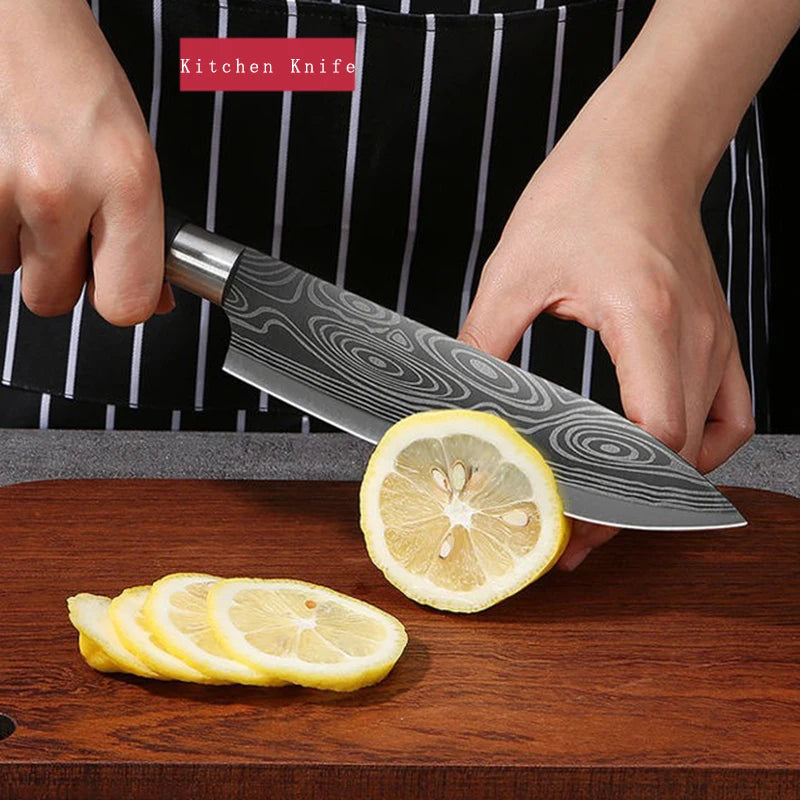 Conjunto de facas de cozinha utilitárias com padrão de damasco a laser, conjunto de hastes de afiação de tesouras, faca de chef afiada de aço inoxidável, ferramenta de cozinha.