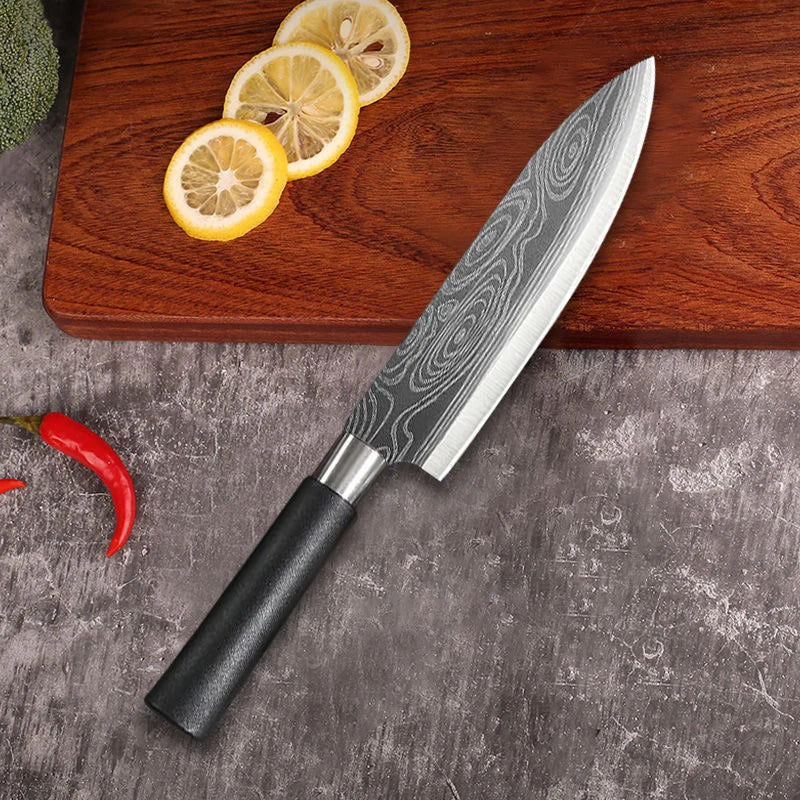 Conjunto de facas de cozinha utilitárias com padrão de damasco a laser, conjunto de hastes de afiação de tesouras, faca de chef afiada de aço inoxidável, ferramenta de cozinha.
