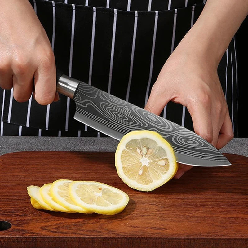Conjunto de facas de cozinha utilitárias com padrão de damasco a laser, conjunto de hastes de afiação de tesouras, faca de chef afiada de aço inoxidável, ferramenta de cozinha.
