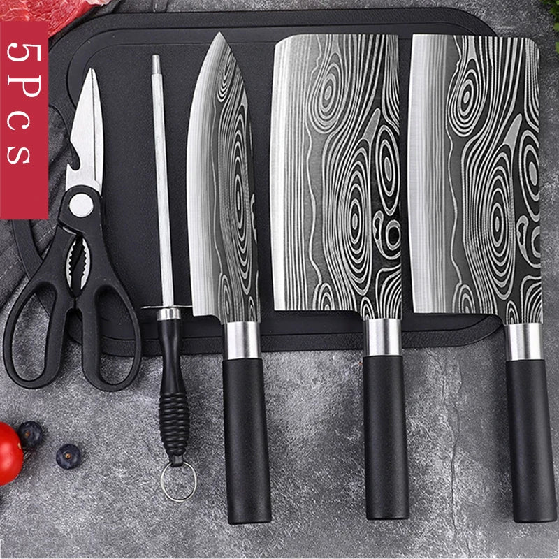 Conjunto de facas de cozinha utilitárias com padrão de damasco a laser, conjunto de hastes de afiação de tesouras, faca de chef afiada de aço inoxidável, ferramenta de cozinha. - Nuvetzi.
