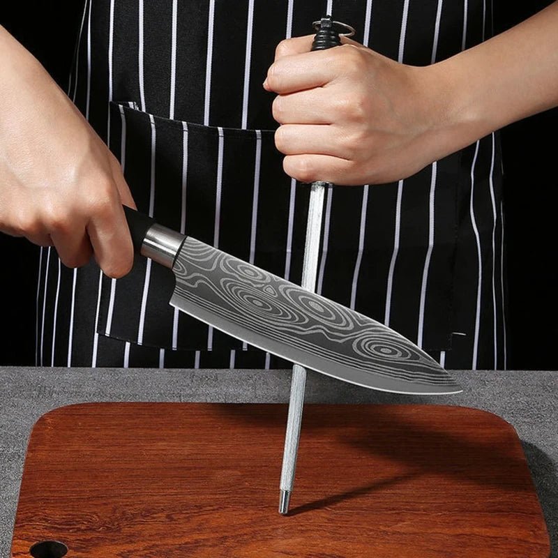 Conjunto de facas de cozinha utilitárias com padrão de damasco a laser, conjunto de hastes de afiação de tesouras, faca de chef afiada de aço inoxidável, ferramenta de cozinha. - Nuvetzi.