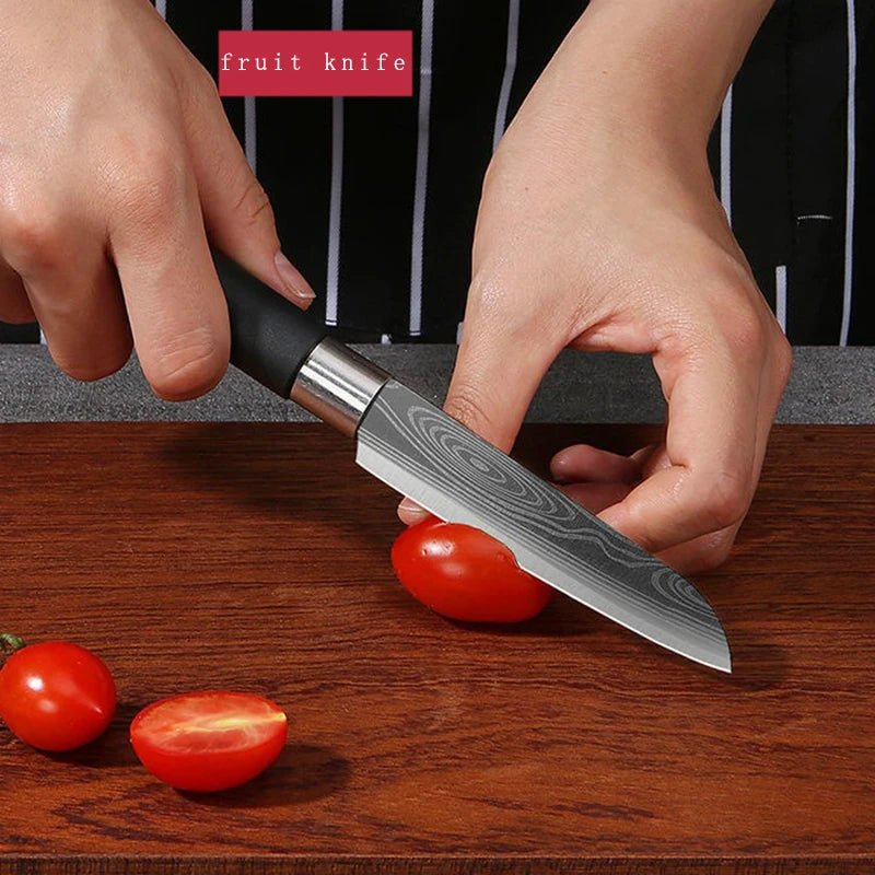 Conjunto de facas de cozinha utilitárias com padrão de damasco a laser, conjunto de hastes de afiação de tesouras, faca de chef afiada de aço inoxidável, ferramenta de cozinha. - Nuvetzi.