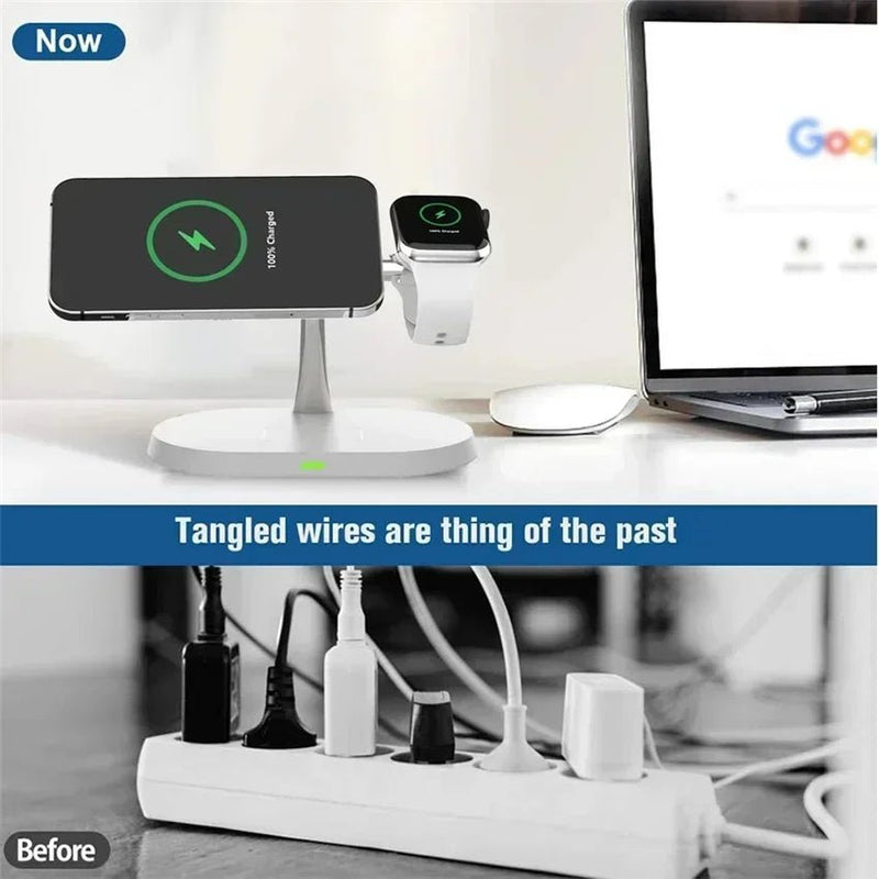 Suporte magnético sem fio 3 em 1 de 100 W para carregador Magsafe iPhone 16, 15, 14, 13, 12, Apple Watch 8, 7 e AirPods Pro, estação de carregamento rápido - Nuvetzi.