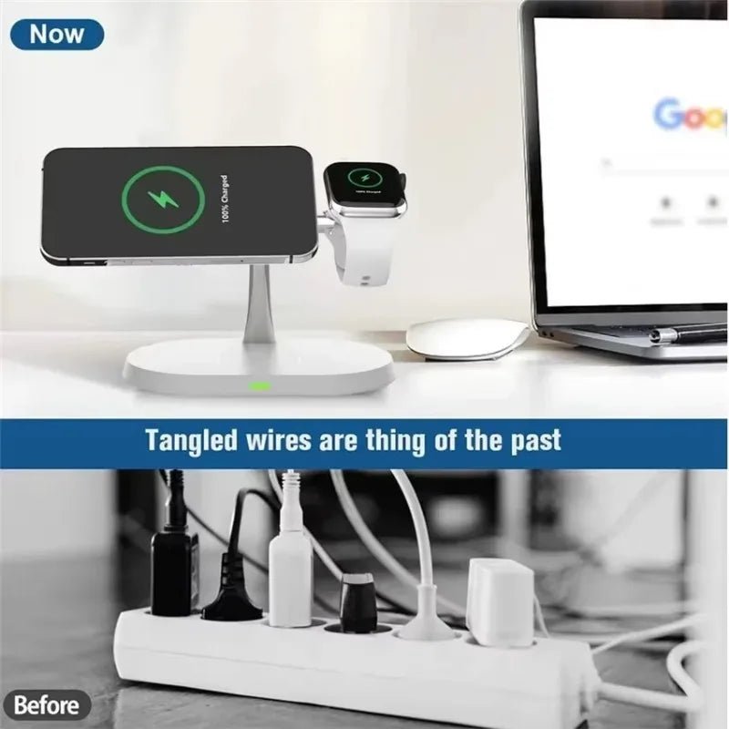 Suporte magnético sem fio 3 em 1 de 100 W para carregador Magsafe iPhone 16, 15, 14, 13, 12, Apple Watch 8, 7 e AirPods Pro, estação de carregamento rápido - Nuvetzi.