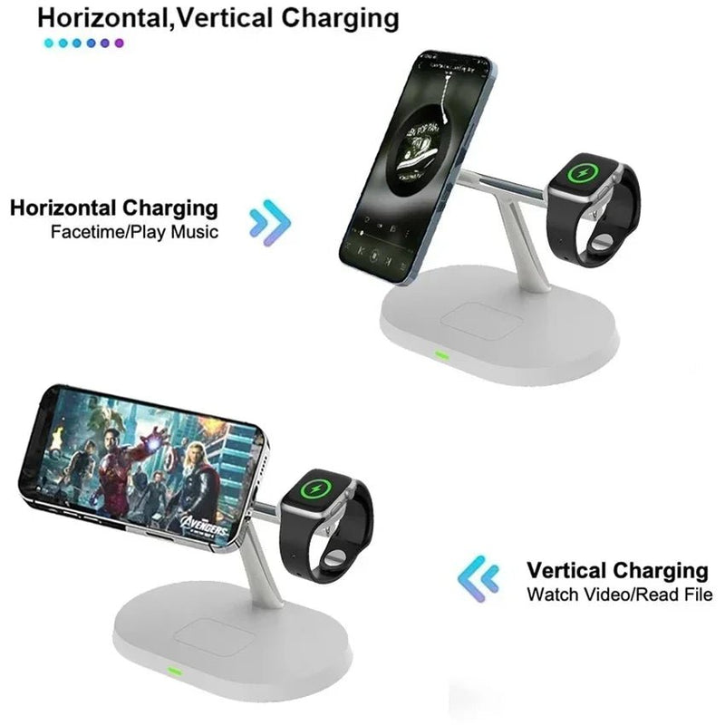 Suporte magnético sem fio 3 em 1 de 100 W para carregador Magsafe iPhone 16, 15, 14, 13, 12, Apple Watch 8, 7 e AirPods Pro, estação de carregamento rápido - Nuvetzi.