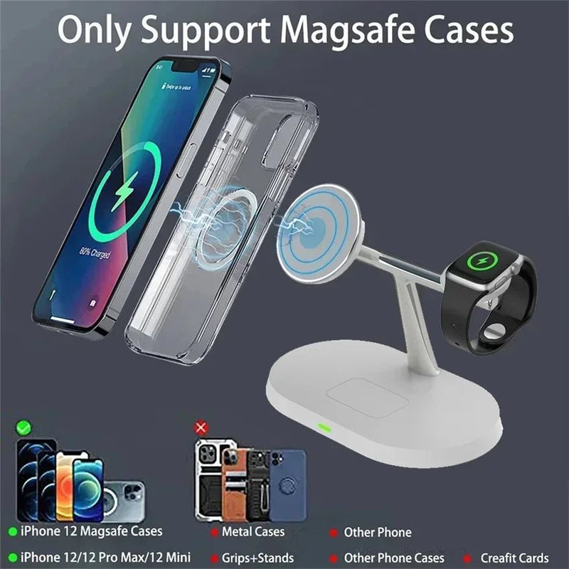 Suporte magnético sem fio 3 em 1 de 100 W para carregador Magsafe iPhone 16, 15, 14, 13, 12, Apple Watch 8, 7 e AirPods Pro, estação de carregamento rápido - Nuvetzi.