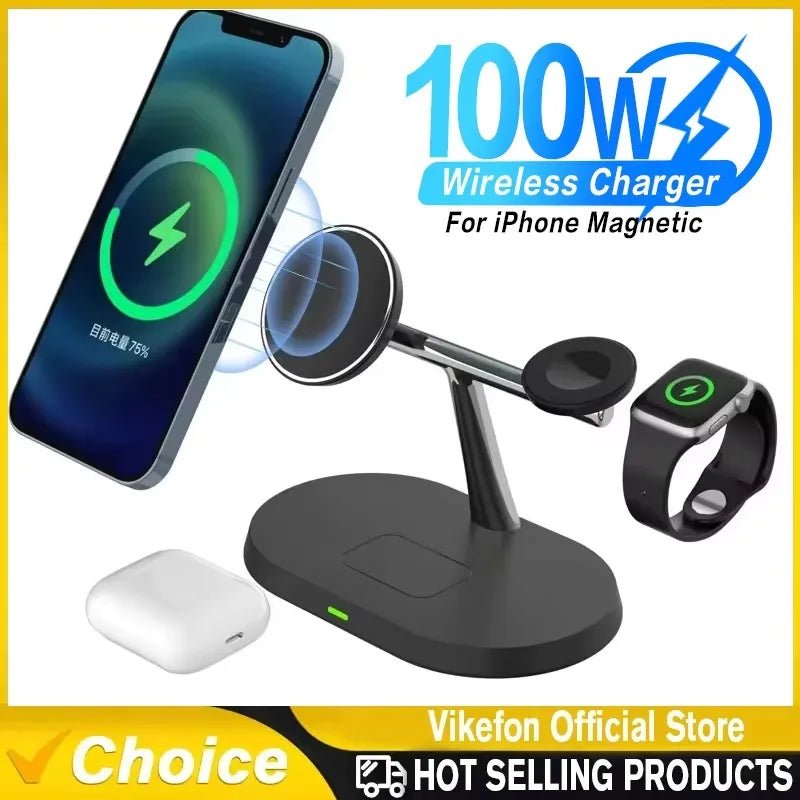 Suporte magnético sem fio 3 em 1 de 100 W para carregador Magsafe iPhone 16, 15, 14, 13, 12, Apple Watch 8, 7 e AirPods Pro, estação de carregamento rápido - Nuvetzi.